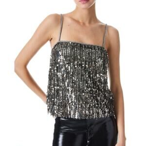 Alice and Olivia Chi Sequined Fringe Top‎ in gunmetal size Small $595